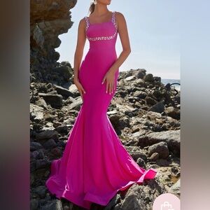 Square Neck Mermaid Hem Hot Pink Prom Dress.